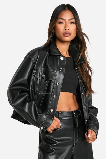 Contrast Stitch Detail Faux Leather Jacket black