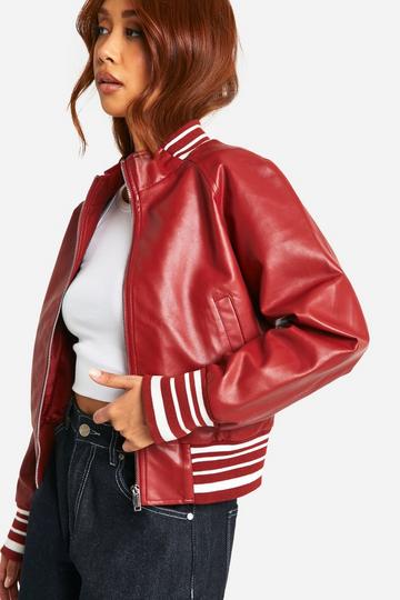 Stripe Rib Faux Leather Bomber Jacket dark red