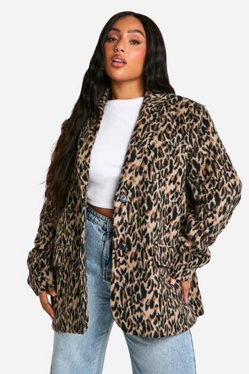 Brown Plus Leopard Print Shoulder Pad Detail Wool Look Blazer