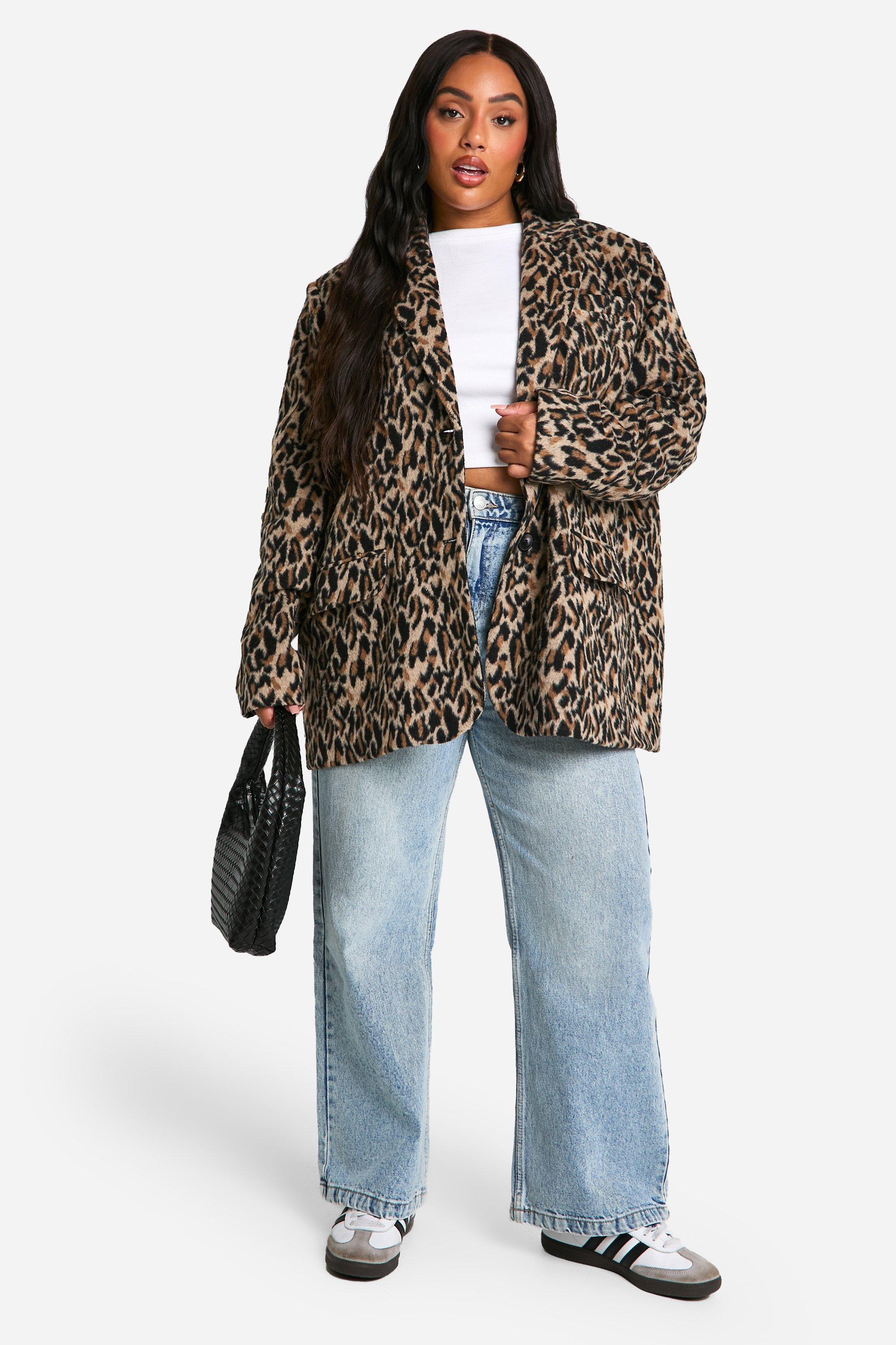 Plus Leopard Print Shoulder Pad Detail Wool Look Blazer boohoo