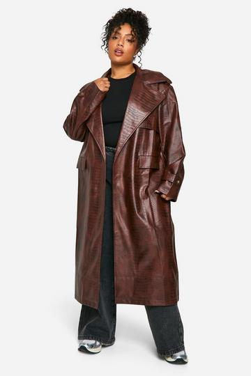 Plus Crocodile Faux Leather Trench Coat chocolate