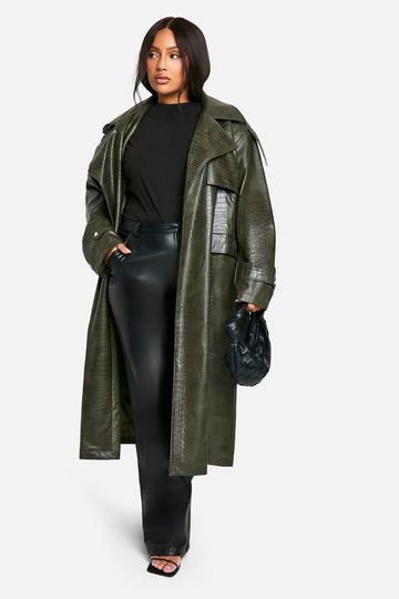 Green Plus Crocodile Faux Leather Trench Coat