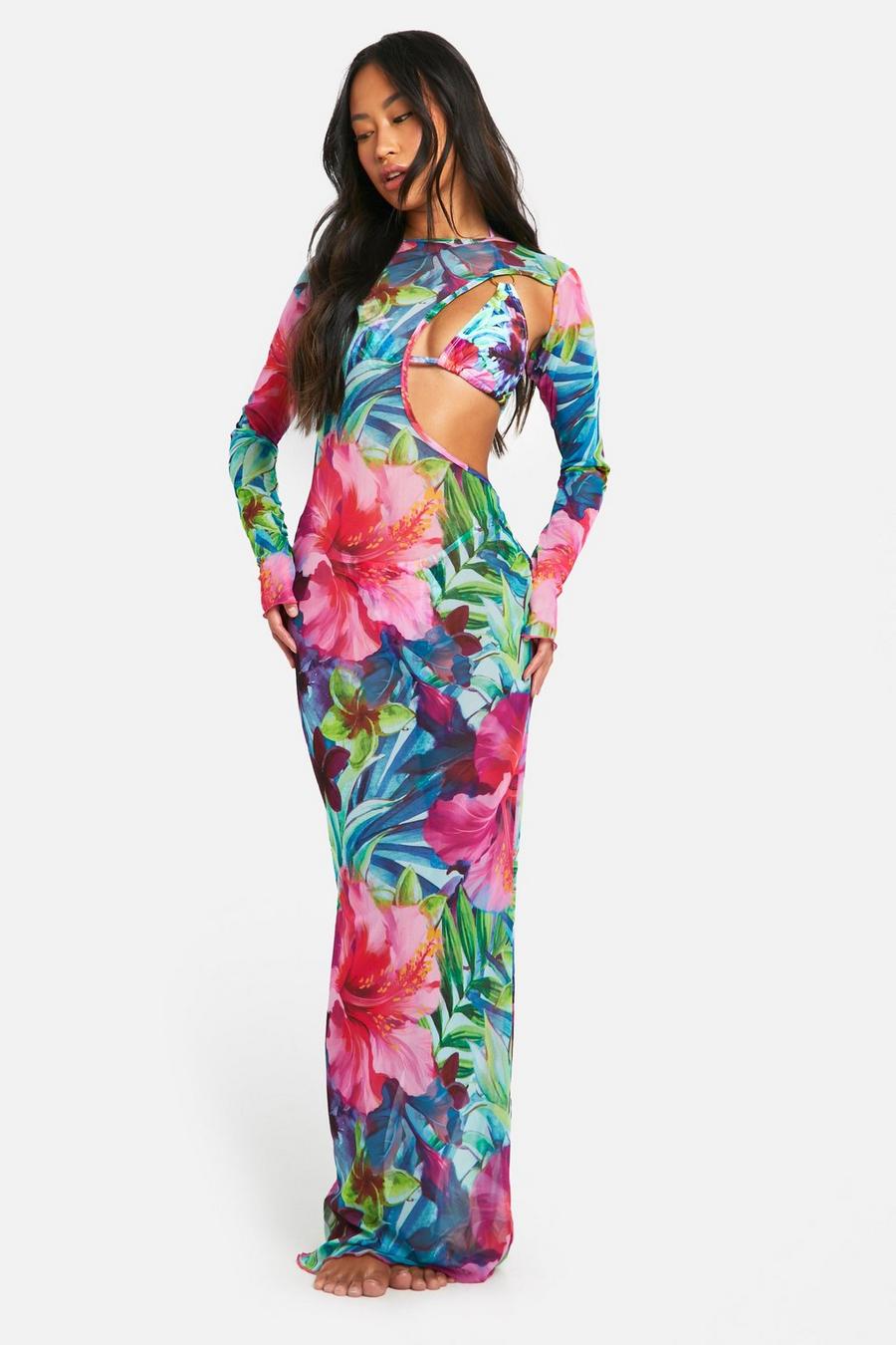 Multi Tropical Cutout Maxi Beach Dress 