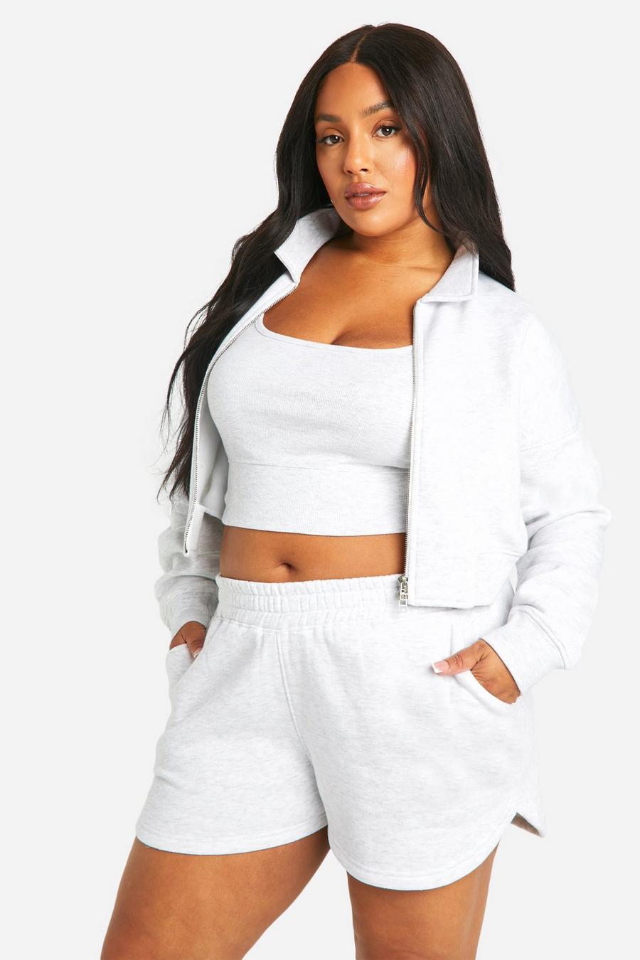 Ash grey Plus Collared Cropped Bomber Short Tracksuit