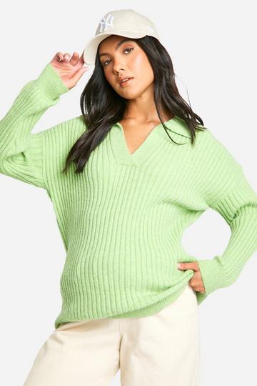 Maternity Soft Wide Rib Knit Collared Sweater green