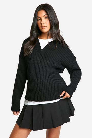 Maternity Soft Wide Rib Knit Collared Jumper black