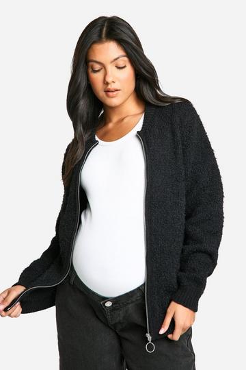 Zwangerschap Zachte Gebreide Bouclé Bomber Cardigan black