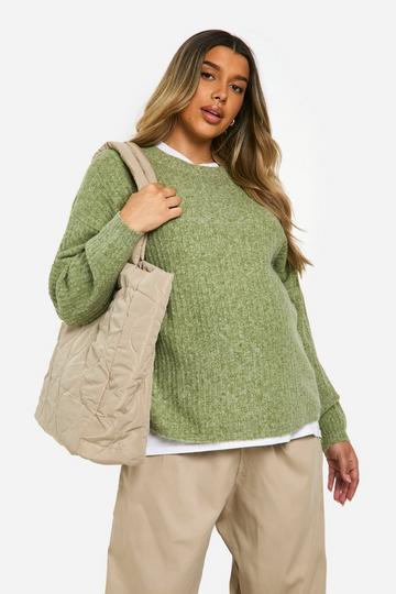 Maternity Soft Rib Knit Balloon Sleeve Sweater khaki