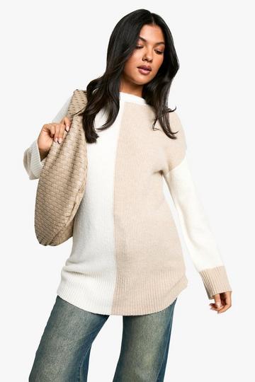 Maternity Soft Knit Color Block Oversized Sweater stone