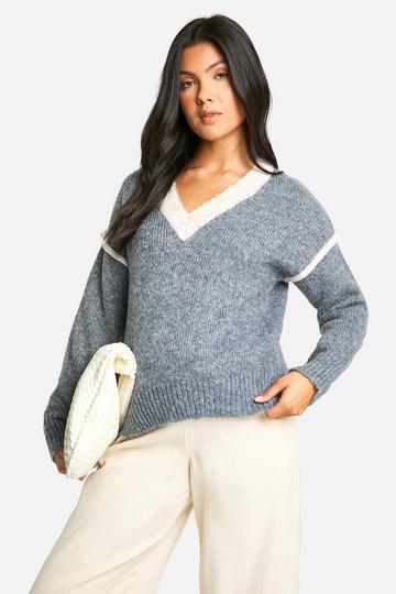 Maternity Soft Knit Contrast Detail Knitted V Neck Sweater grey