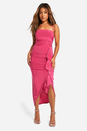 Pink Petite Slinky Square Neck Ruched Ruffle Midi Dress