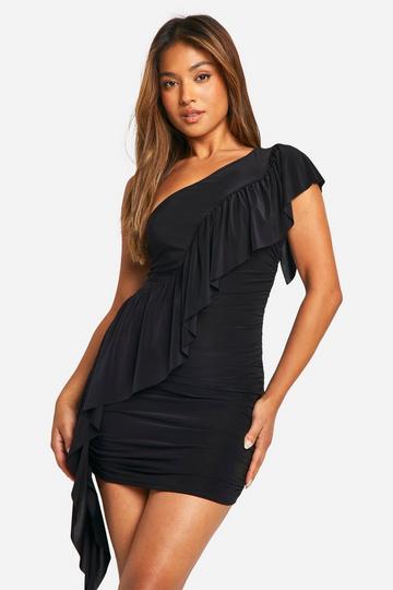 Petite Slinky Asymmetric Ruffle Mini Dress black