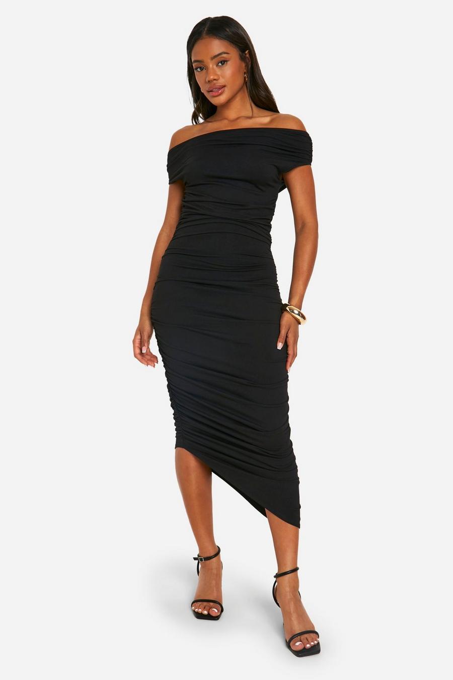 Black Ruched Asymmetric Midi Dress image number 1