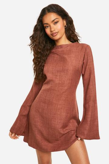 Linen Look Flare Sleeve Mini Dress rust