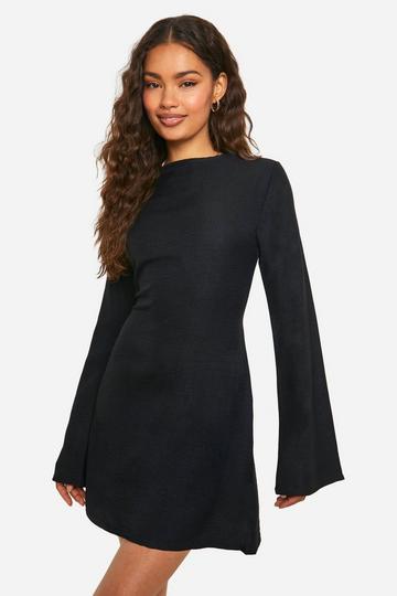 Black Linen Look Flare Sleeve Mini Dress