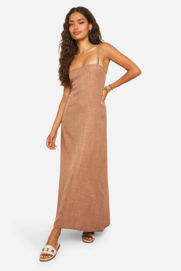 Linen Look Strappy Metal Trim Midi Dress mocha