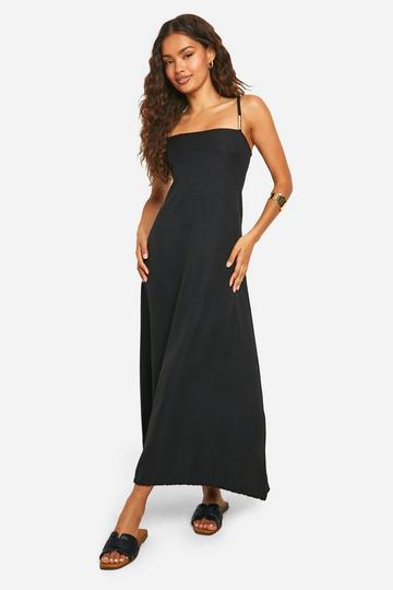 Linen Look Strappy Metal Trim Midaxi Dress black