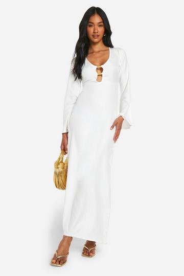 Ivory White Linen Look Flare Sleeve Metal Trim Maxi Dress