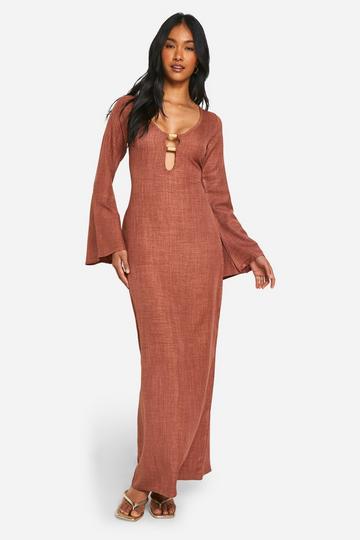 Linen Look Flare Sleeve Metal Trim Maxi Dress rust