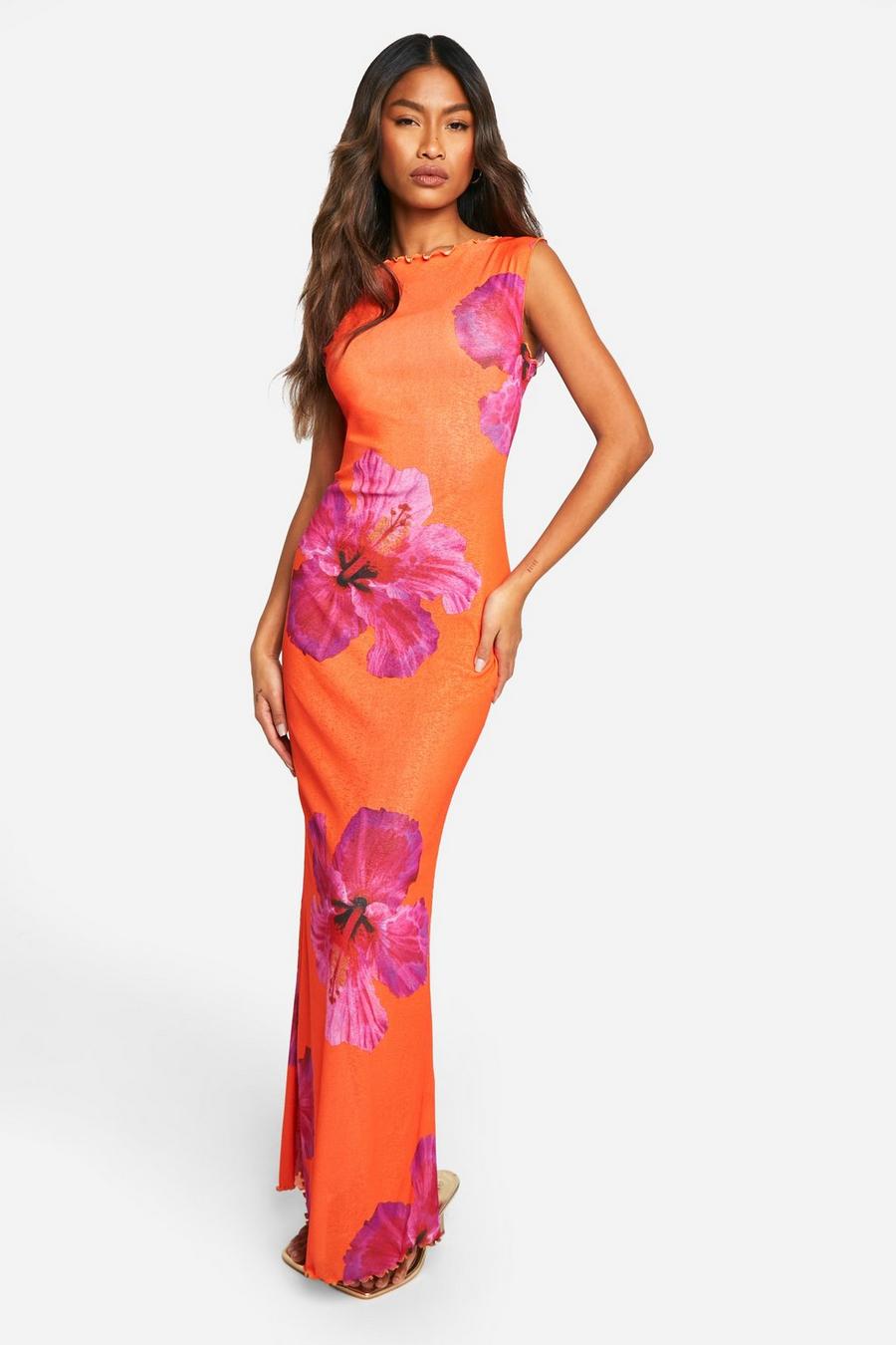 Orange Hibiscus Textured Sheer Maxi Dress image number 1