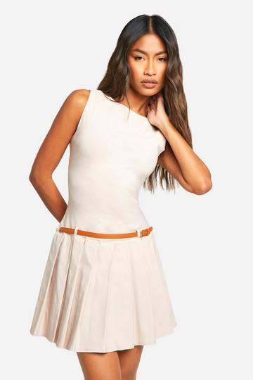 Belt Buckle Detail Pleated Mini Dress stone