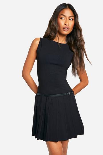 Belt Buckle Detail Pleated Mini Dress black