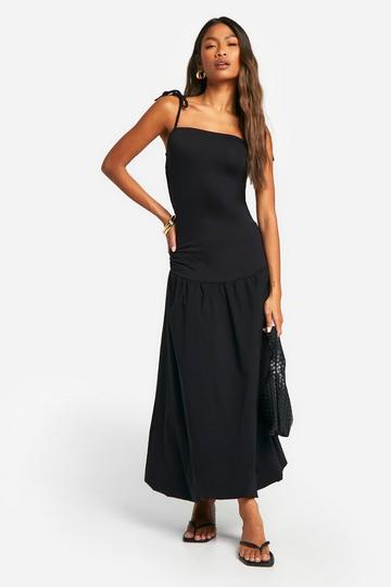 Ruched Tie Strap Volume Midi Dress black