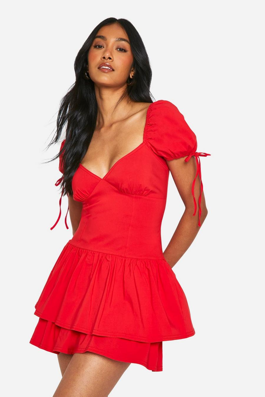 Red Frill Puff Sleeve Milkmaid Mini Dress image number 1
