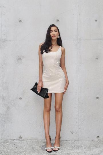 Hotfix Diamante Scoop Neck Mini Dress nude