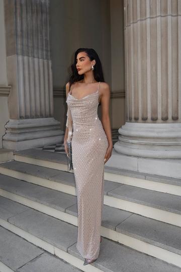 Nude Hotfix Rhinestone Cowl Neck Frill Maxi Dress