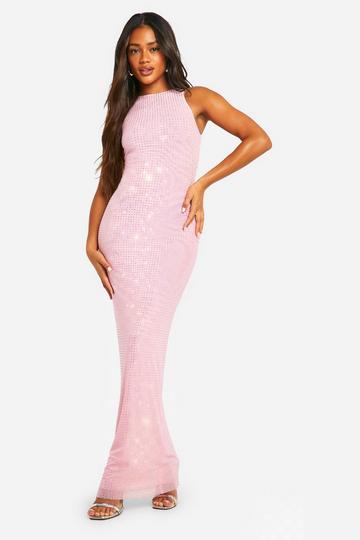 Hotfix Diamante Racer Neck Maxi Dress pale pink