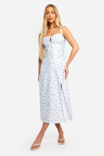 Ditsy Tie Back Milkmaid Midi Dress blue