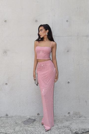 Hotfix Diamante Crop & Maxi Skirt Co-ord pale pink