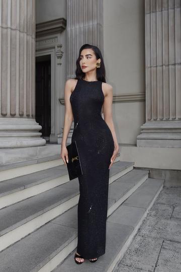 Hotfix Diamante Racer Neck Maxi Dress black