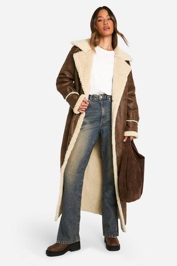 Brown Tall Vintage Look Maxi Aviator Coat