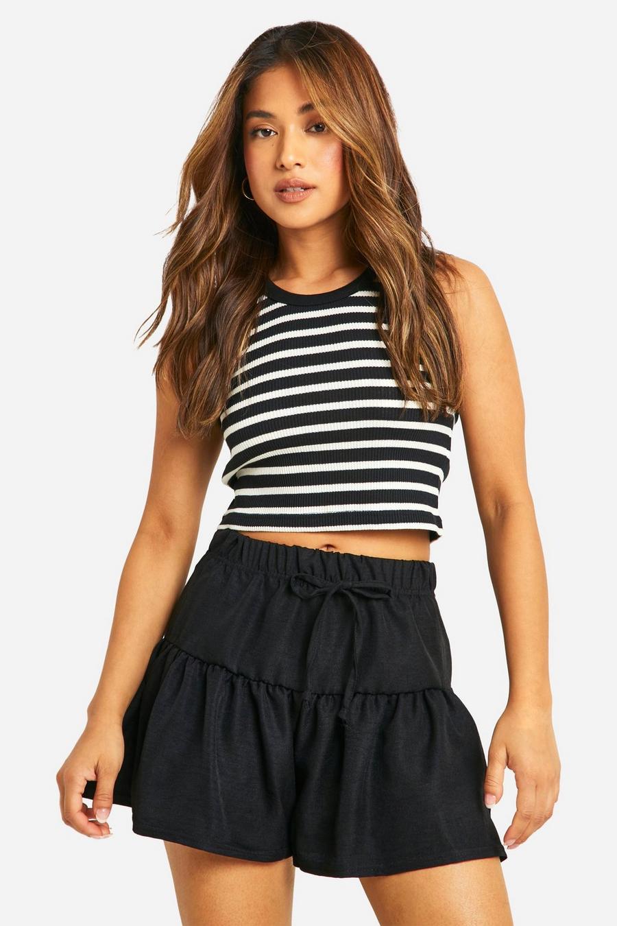 Black Petite Linen Tiered Flowy Shorts image number 1