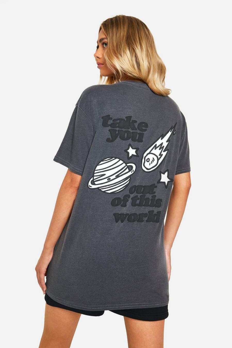 Charcoal Take You Out Of This World Puff Print Slogan Overdyed Oversized T-shirt  image number 1