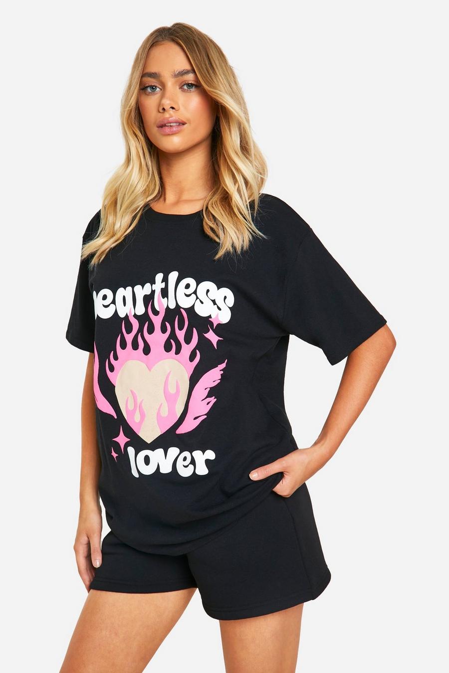 Black Heartless Lover Slogan Puff Print Oversized T-shirt  image number 1
