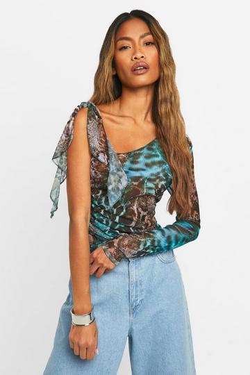 Multi Leopard Mesh Tie Shoulder Top