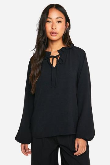 Hammered Ruffle Neck Tie Front Blouse black