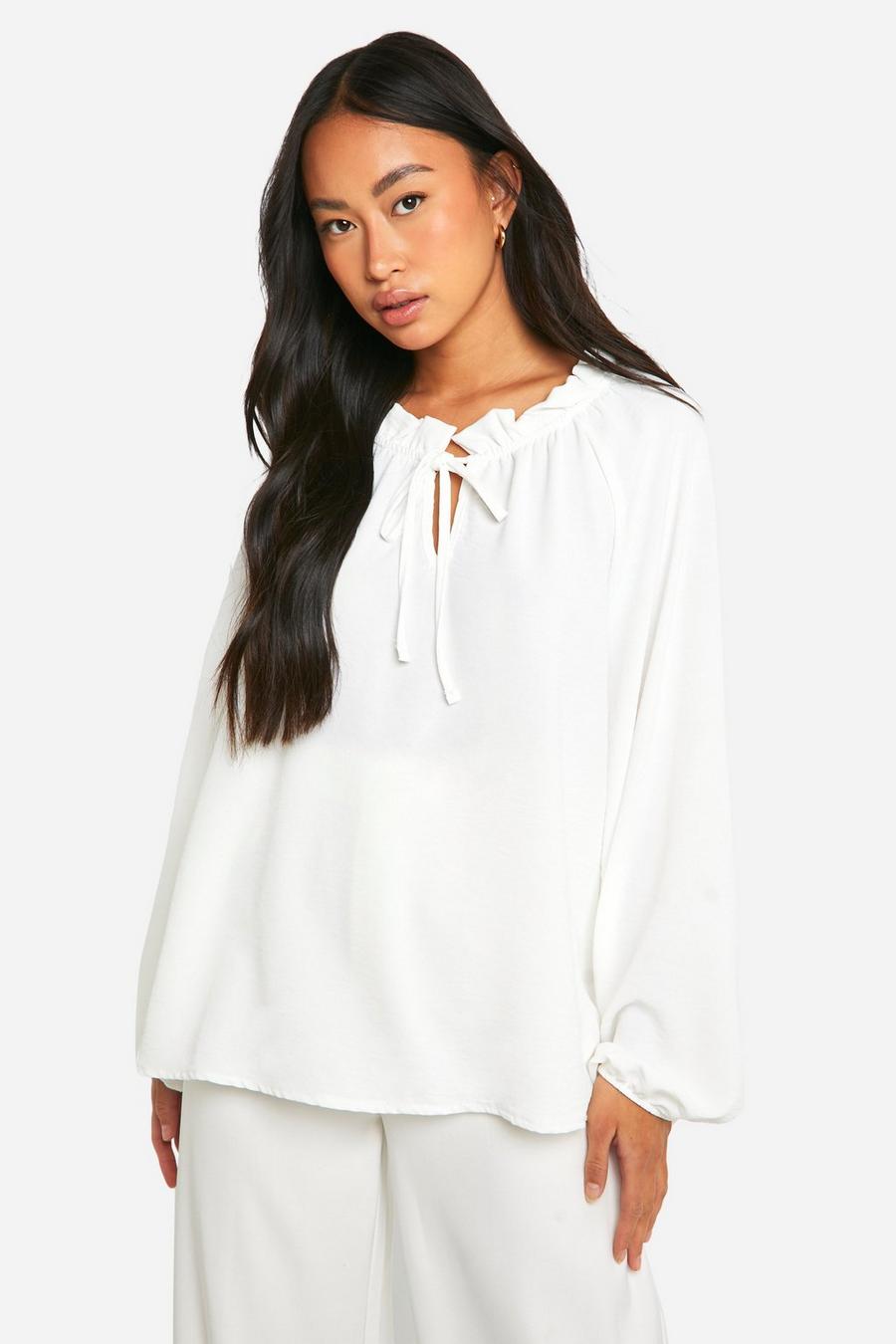Ivory Hammered Ruffle Neck Tie Front Blouse image number 1