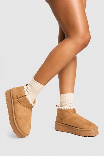 Platform Contrast Stitch Faux Fur Lined Boots chestnut