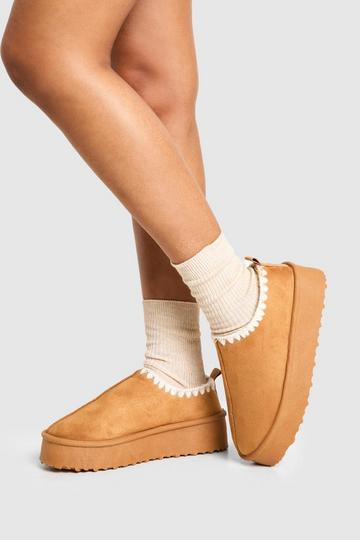 Platform Contrast Stitch Faux Fur Lined Mules chestnut