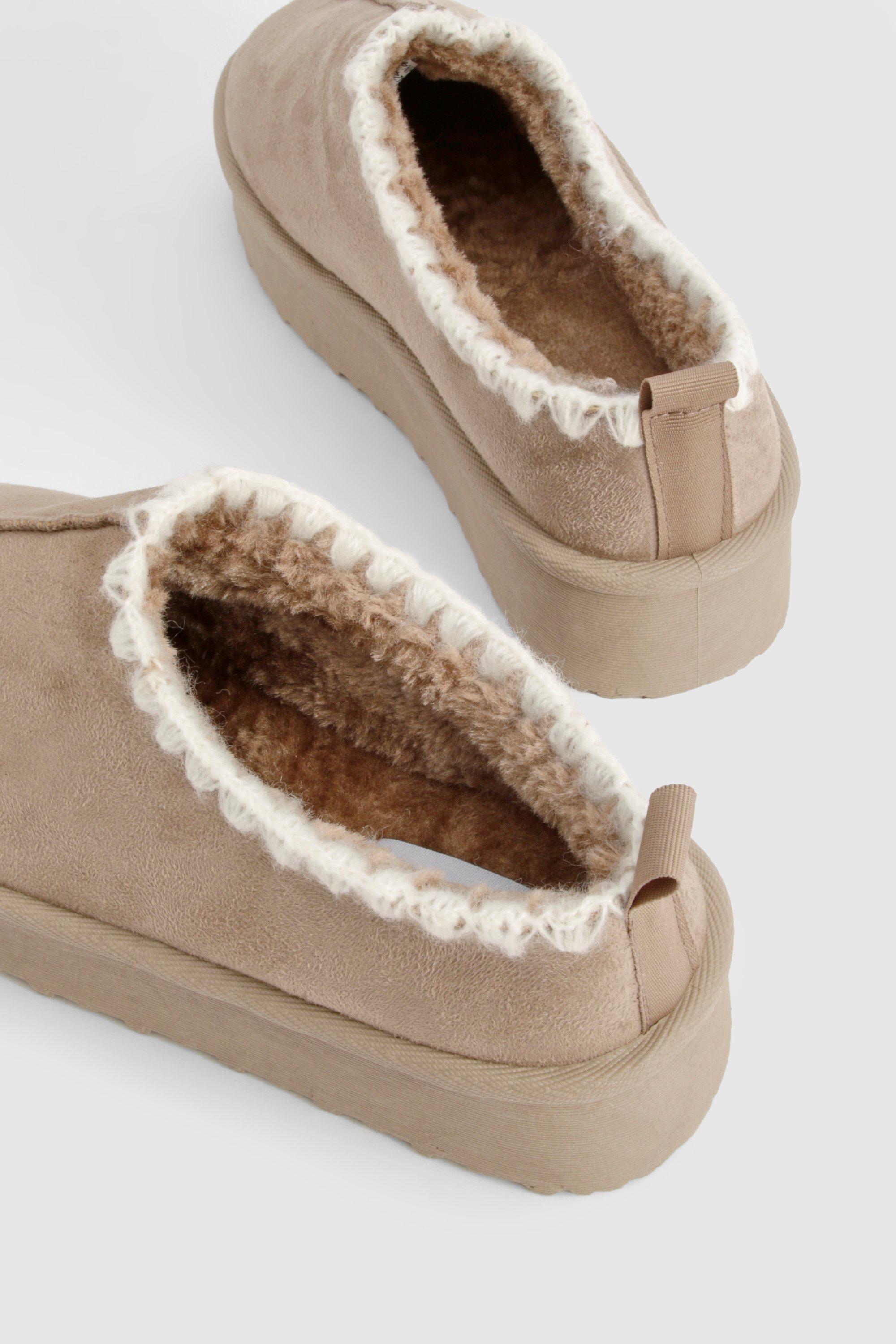 Platform Contrast Stitch Faux Fur Lined Mules