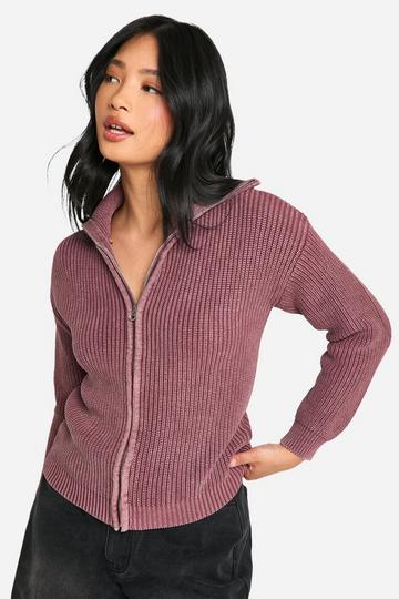 Petite Acid Wash Zip Through Collared Cardigan mauve