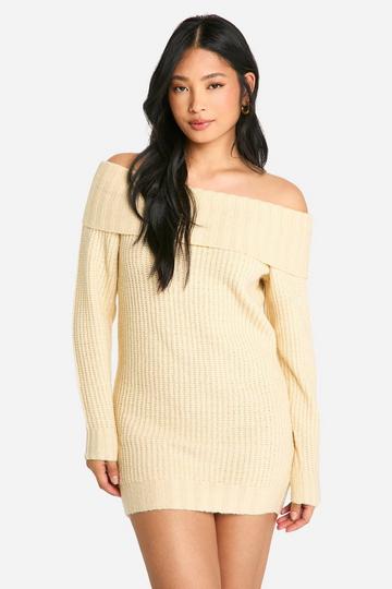 Petite Wide Rib Bardot Neckline Mini Jumper Dress stone