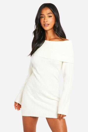 Petite Rib Bardot Neckline Mini Jumper Dress ecru