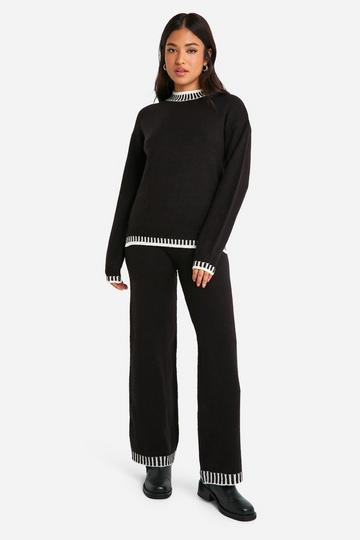 Petite Contrast Trim Jumper And Wide Leg Trouser Knitted Co-ord black