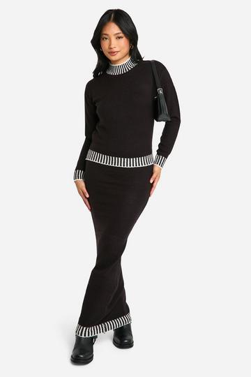 Black Petite Premium Contrast Trim Jumper And Maxi Skirt Knitted Co-ord