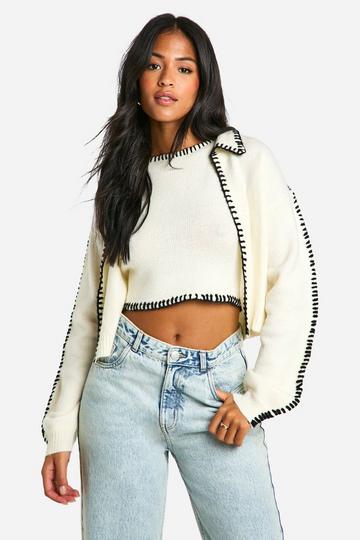 Tall Contrast Trim Knitted Crop Top And Cardigan Co-ord ecru